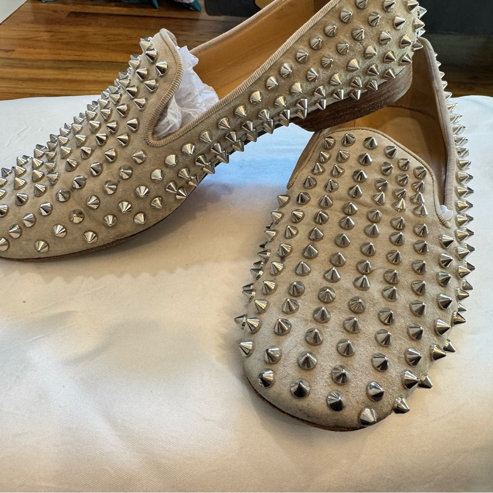Christian Louboutin Dandelion Beige Suede Studded Loafers size 37.5